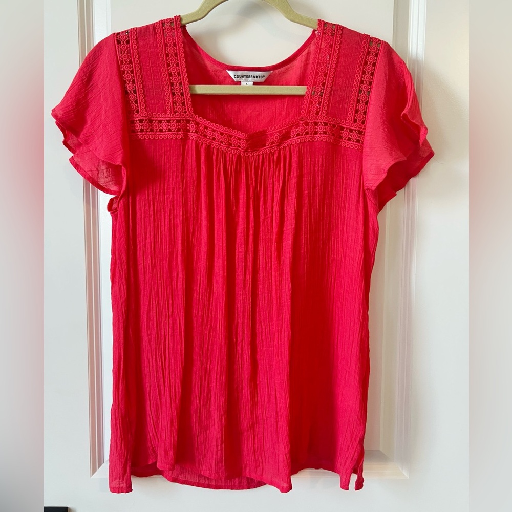 Counterparts Pink Flutter Sleeve Blouse with Bib Collar and Lace Detail